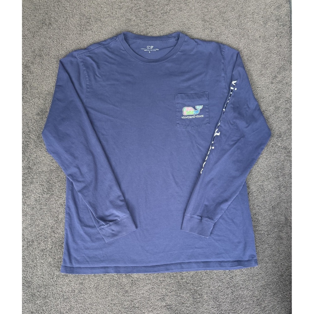 Vineyard Vines Mens Large Blue Long Sleeve Patchwork Whale Pocket T-Shirt